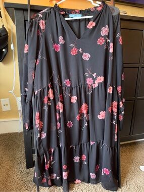 CeCe Black Mini Dress with Pink Floral Print